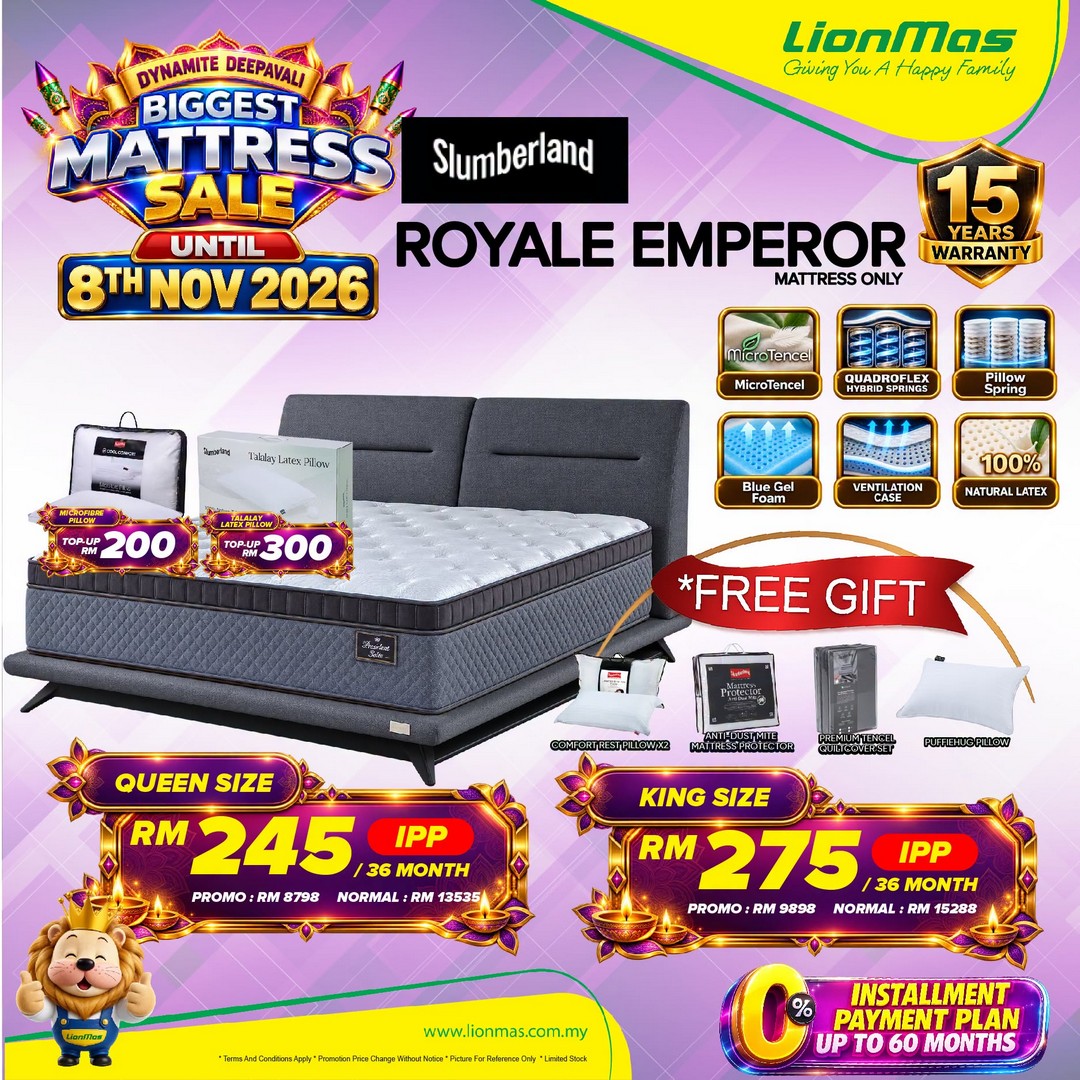 Lionmas-Furnishers-Dynamite-Deepavali-Big-Mattress-Sale-8 15 October–8 November 2026: Lionmas Furnishers: Dynamite Deepavali Big Mattress Sale with 0% Instalment Payment for Up to 60 Months at Participating Stores