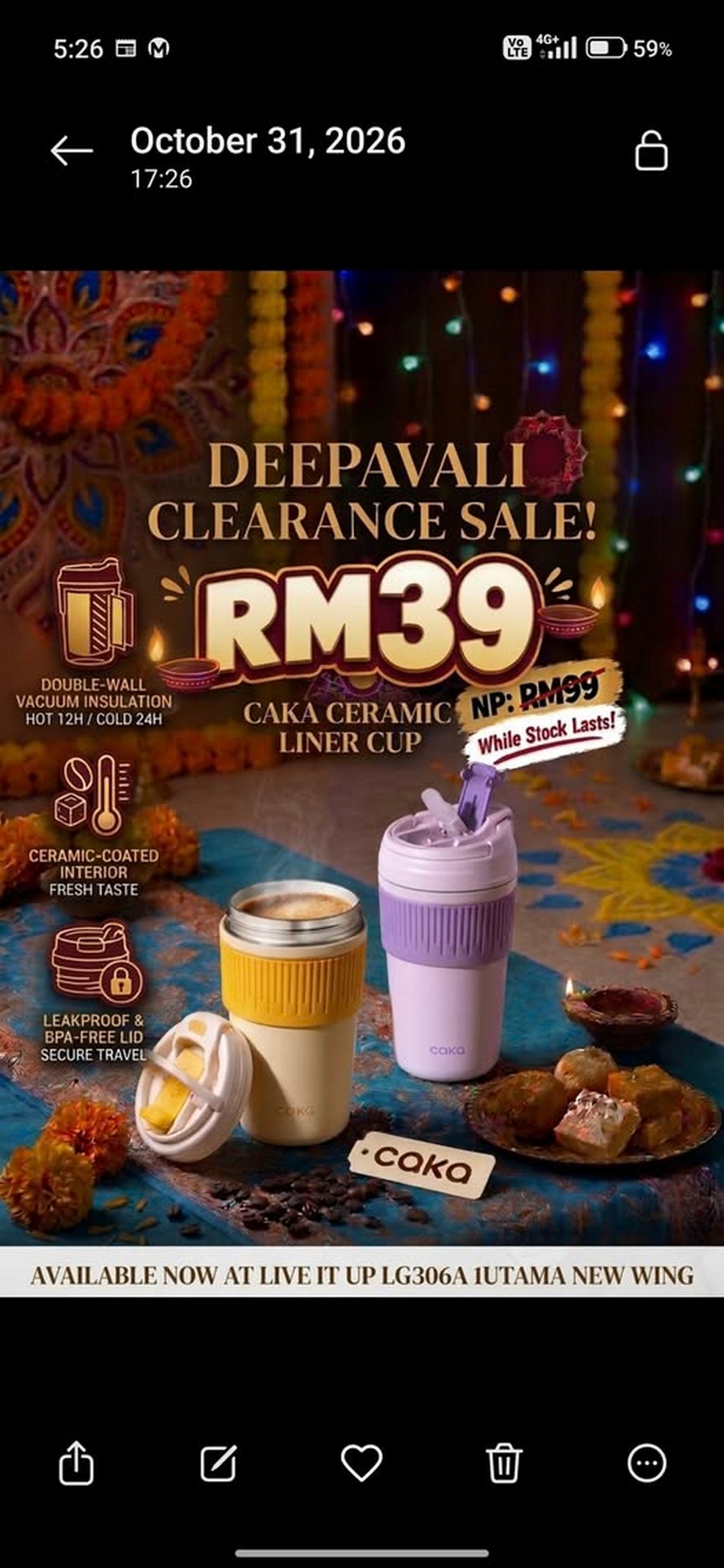 Live-It-Up-Homestore-Malaysia-Deepavali-Clearance-Sale 31 October 2026 onwards: Live It Up Homestore Malaysia Deepavali Clearance Sale – Caka Ceramic Liner Cup Only RM39 at 1 Utama New Wing, Save RM60!