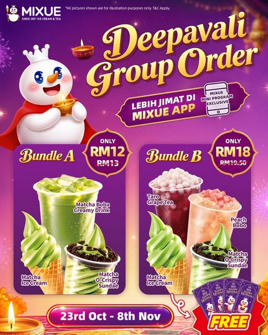 MIXUE-Malaysia-Deepavali-Group-Order-Promotion 23 October–8 November 2026: MIXUE Malaysia Deepavali Group Order Promotion – Enjoy Two Value Bundles from RM12, Matcha Treats and Drinks at Selected Stores