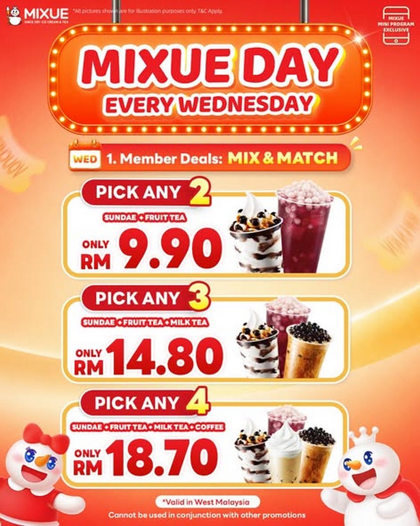 MIXUE-Malaysia-Mix-Match-Every-Wednesday-Promotion 14 October 2026 onwards: MIXUE Malaysia: Mix & Match Every Wednesday Promotion – Get 2, 3 or 4 Treats from RM9.90 via the MIXUE App