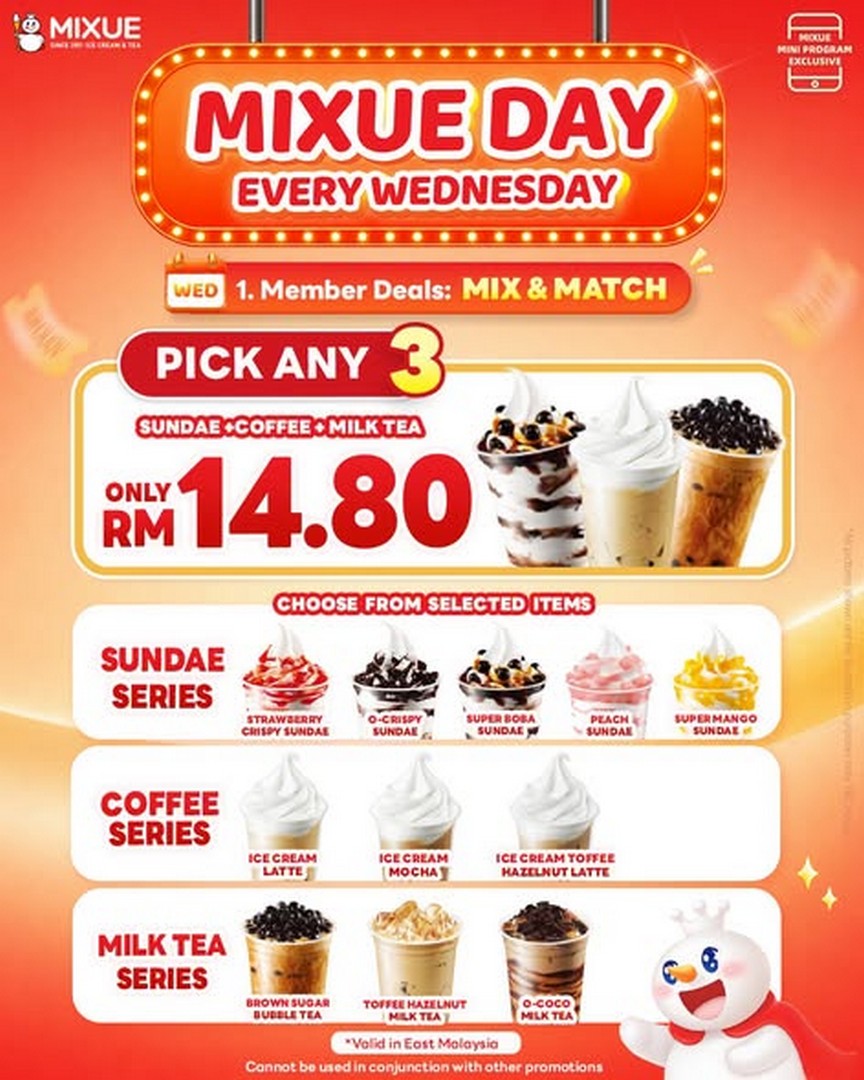 MIXUE-Malaysia-Wednesday-Mix-Match-Promotion-2 14 October 2026 Onwards: MIXUE Malaysia: Wednesday Mix & Match Promotion – Pick Any 2 for RM9.90 or Any 3 for RM14.80 via the MIXUE App in East Malaysia