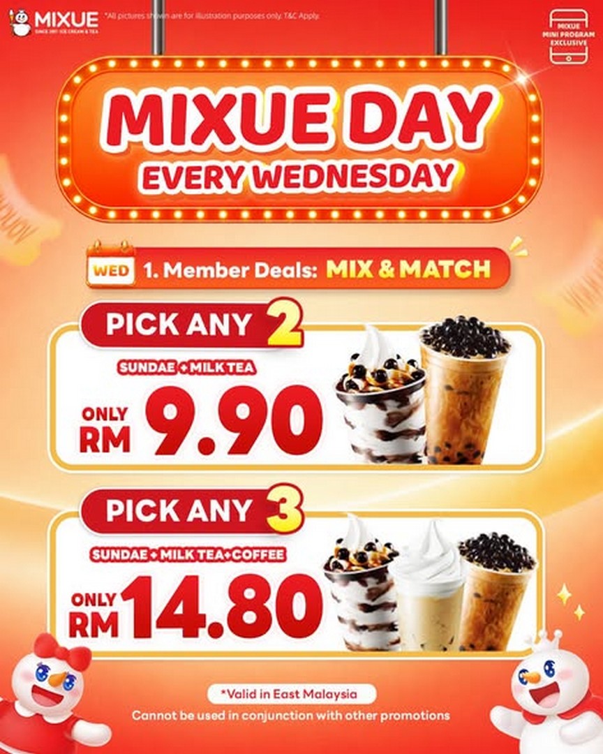 MIXUE-Malaysia-Wednesday-Mix-Match-Promotion 14 October 2026 Onwards: MIXUE Malaysia: Wednesday Mix & Match Promotion – Pick Any 2 for RM9.90 or Any 3 for RM14.80 via the MIXUE App in East Malaysia