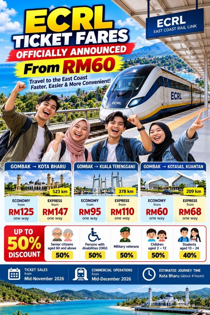 Malaysia-ECRL-Train-Ticket-Fares-Announced-1 19 October 2026 onwards: Malaysia ECRL Train Ticket Fares Announced – One-Way Tickets from RM60, Up to 50% Discounts, Routes, Ticket Sales and December 2026 Launch