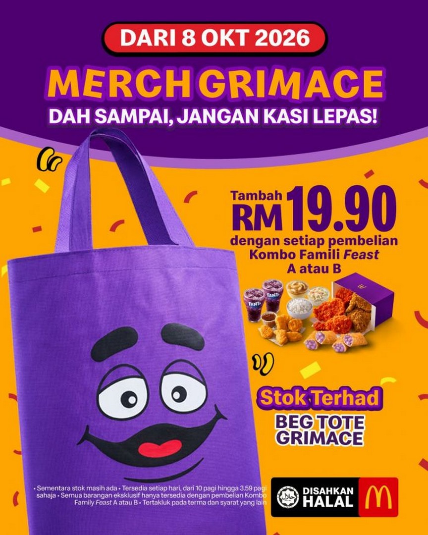 McDonalds-Malaysia-Grimace-Tote-Bag-Promotion 8 October 2026 onwards: McDonald’s Malaysia: Grimace Tote Bag Promotion – Add RM19.90 with Family Feast A or B, Available Daily from 10:00am to 3:59am While Stocks Last