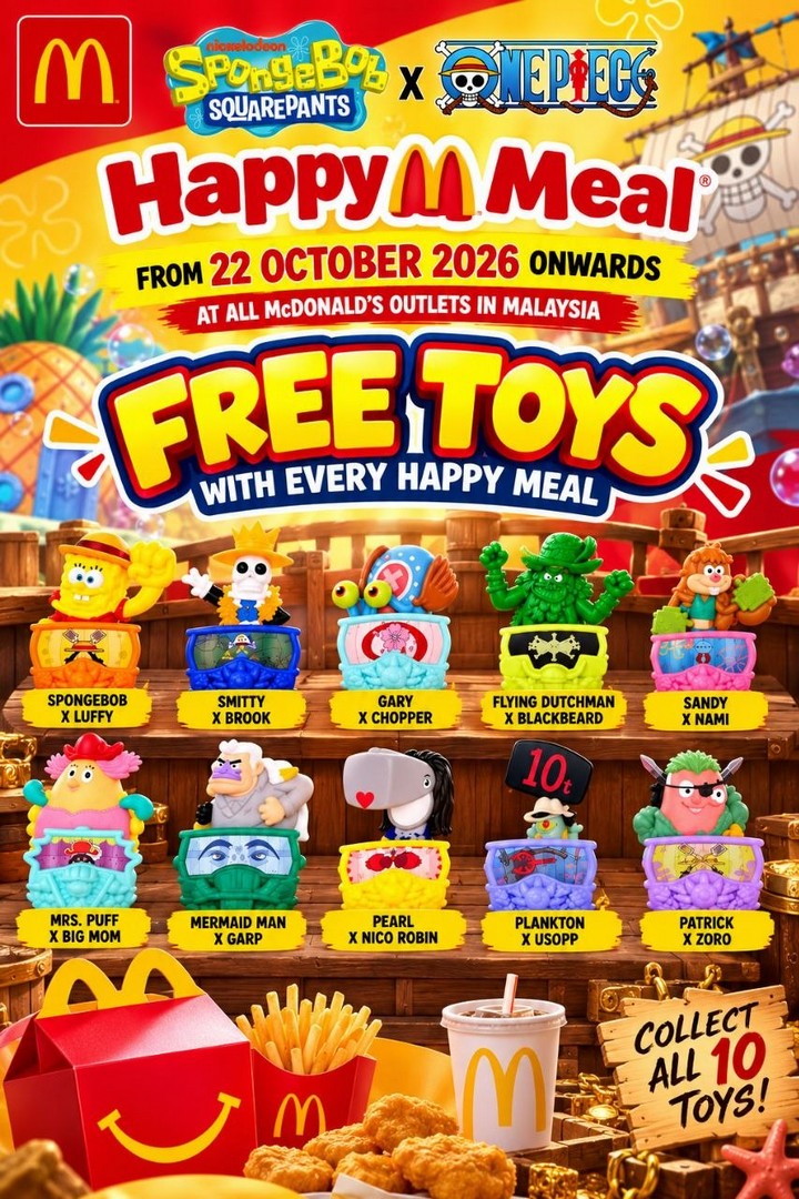 McDonalds-Malaysia-SpongeBob-SquarePants-1 22 October 2026 onwards: McDonald’s Malaysia SpongeBob SquarePants x ONE PIECE Happy Meal Toy Promotion – Collect All 10 Character Mash-Ups