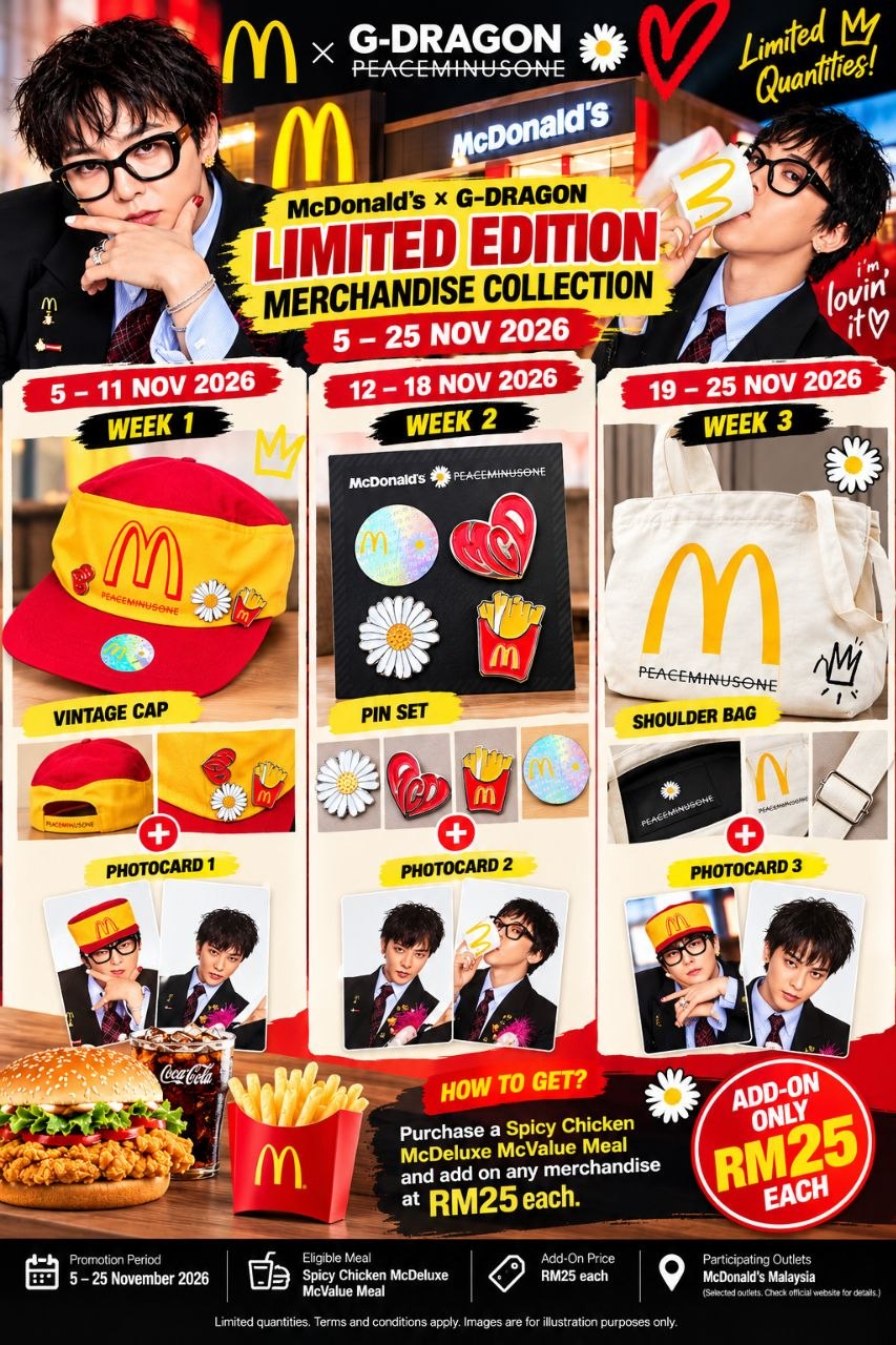 McDonalds-Malaysia-x-G-Dragon-PEACEMINUSONE-Merchandise-Promotion-1 5–25 November 2026: McDonald’s Malaysia x G-Dragon PEACEMINUSONE Merchandise Promotion – Get the Vintage Cap, Pin Set, Shoulder Bag & Exclusive Photocards for RM25 Each at Participating Outlets