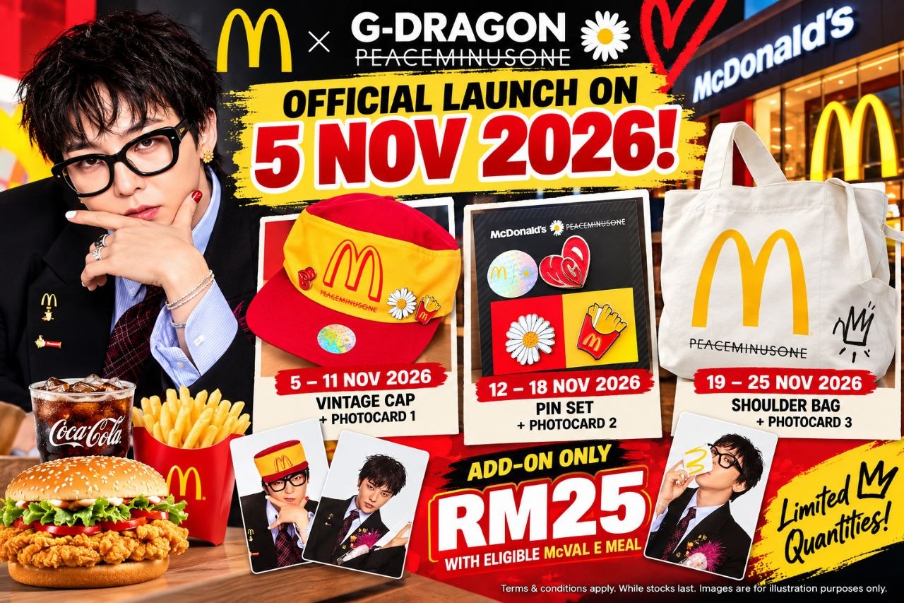 McDonalds-Malaysia-x-G-Dragon-PEACEMINUSONE-Merchandise-Promotion 5–25 November 2026: McDonald’s Malaysia x G-Dragon PEACEMINUSONE Merchandise Promotion – Get the Vintage Cap, Pin Set, Shoulder Bag & Exclusive Photocards for RM25 Each at Participating Outlets