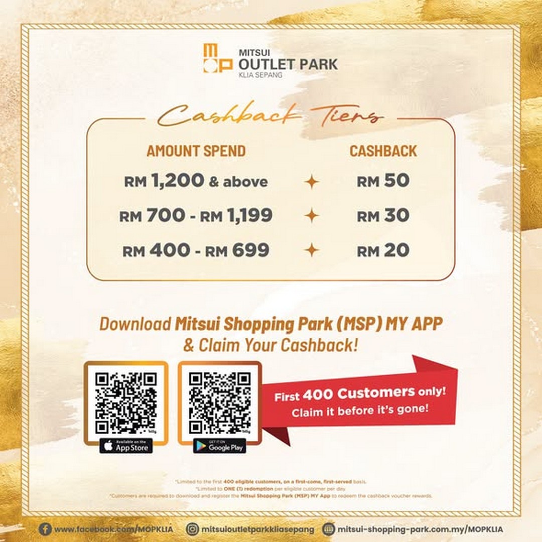 Mitsui-Outlet-Park-KLIA-Sepang-One-Day-Shopping-Promotion-1 26 October 2026: Mitsui Outlet Park KLIA Sepang One-Day Shopping Promotion – Get Up to RM50 Cashback on Minimum RM400 Spend