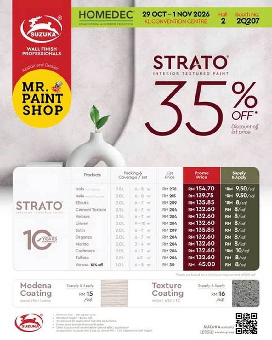 Mr.-Paint-Shop-x-Suzuka-Wall-Finish-Professionals-1 29 October–1 November 2026: Mr. Paint Shop x Suzuka Wall Finish Professionals HOMEDEC 2026 Promotion – Enjoy Up to 35% Off Decorative Wall Finishes at KL Convention Centre, Hall 2, Booth 2Q207