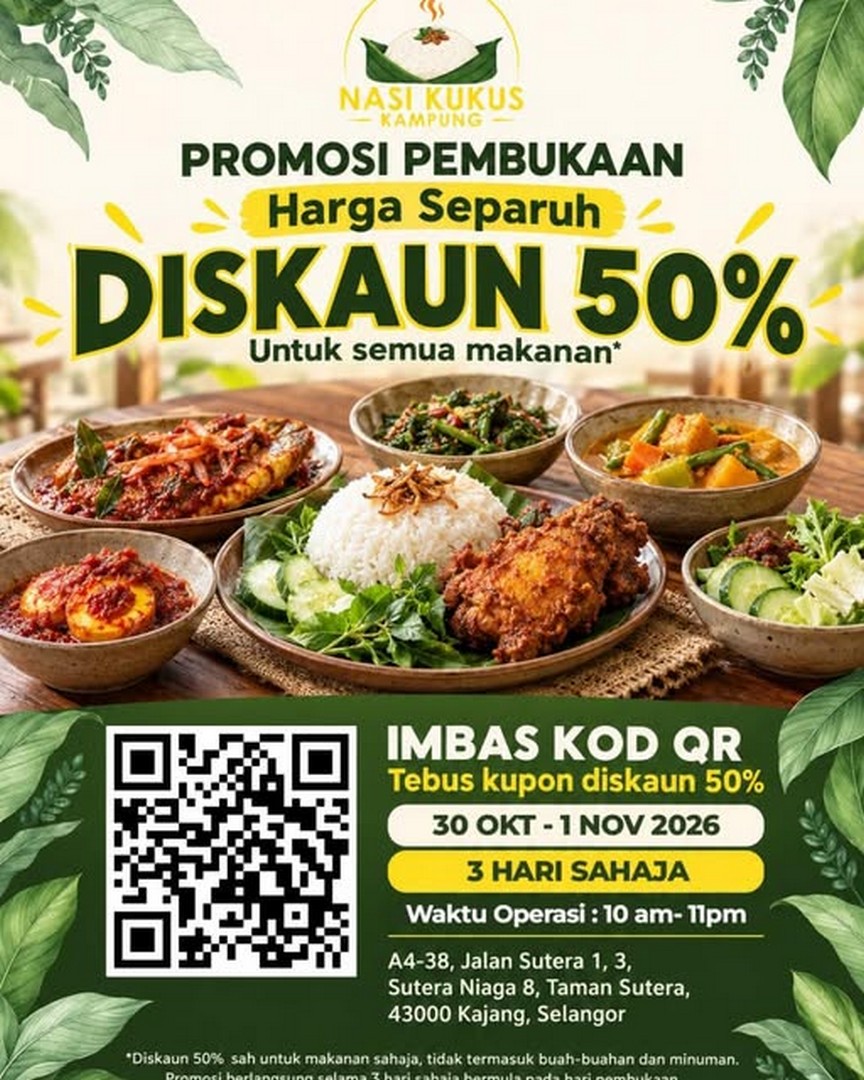 Nasi-Kukus-Kampung-50-Discount-Promotion 30 October–1 November 2026: Nasi Kukus Kampung 50% Discount Promotion on All Food, Opening Celebration in Kajang, Selangor