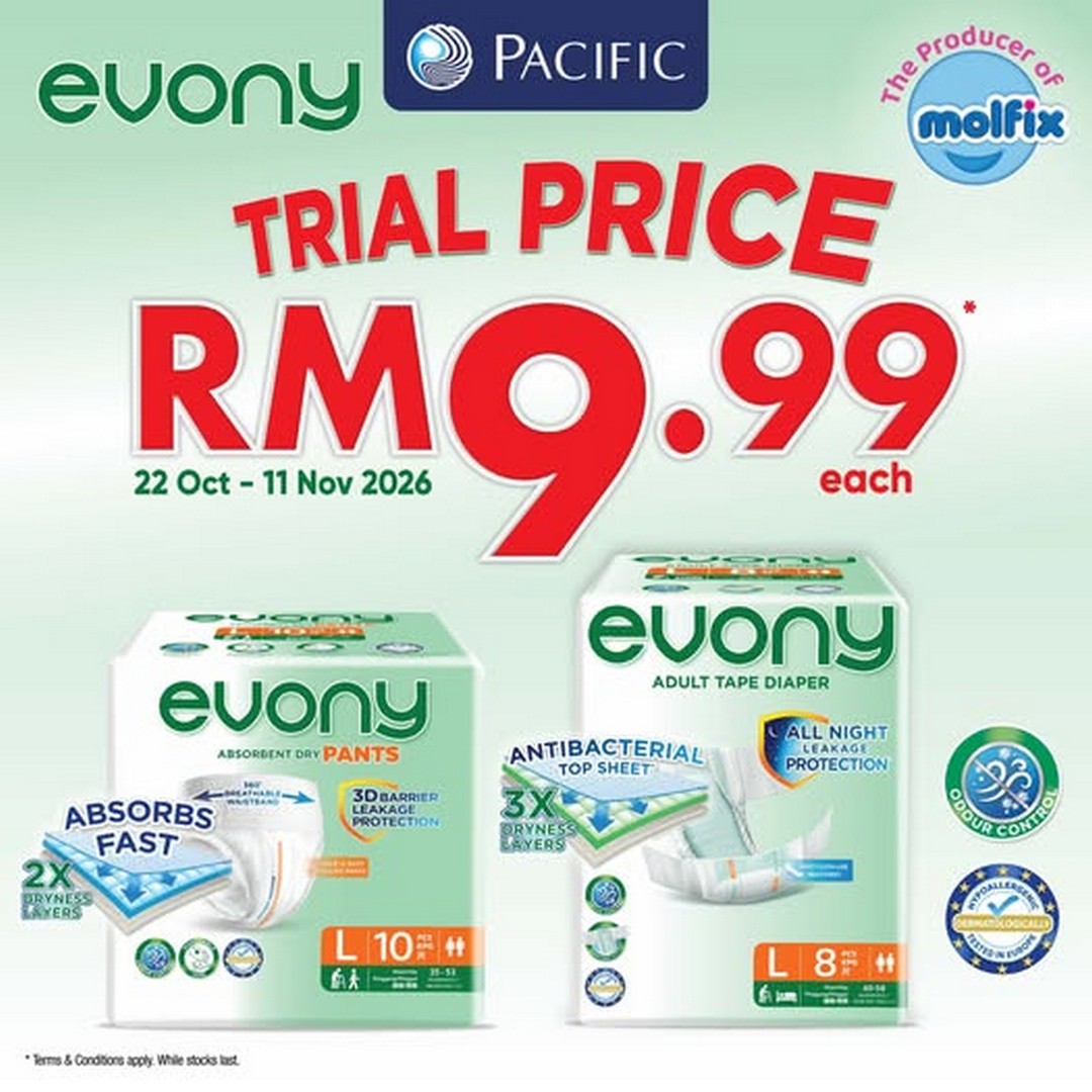 Pacific-Malaysia-Evony-Baby-Pants-Adult-Tape-Diapers-Promotion 22 October–11 November 2026: Pacific Malaysia Evony Baby Pants & Adult Tape Diapers Promotion – Special Trial Price at RM9.99 Each