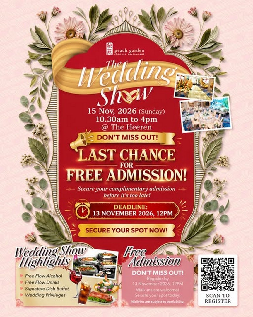Peach-Garden-Wedding-Show-–-Free-Admission 15 November 2026: Peach Garden Wedding Show – Free Admission, Exclusive Wedding Perks, Complimentary Themed Decorations and Special Day-Of Pricing at The Heeren