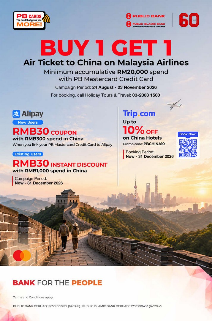 Public-Bank-Mastercard-Buy-1-Get-1-Complimentary-Malaysia-Airlines 24 August–23 November 2026: Public Bank Mastercard: Buy 1 Get 1 Complimentary Malaysia Airlines Return Ticket Promotion to Selected China Destinations
