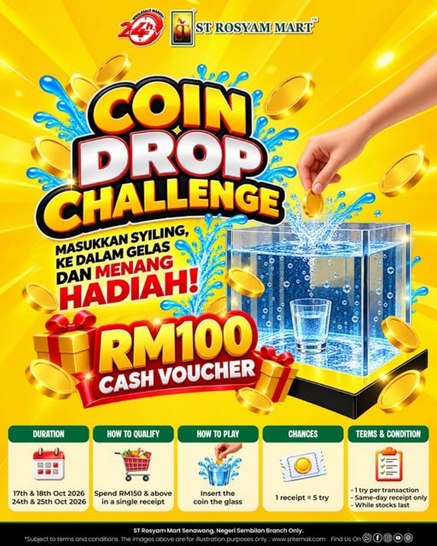 ST-Rosyam-Mart-Coin-Drop-Challenge-Promotion 17-25 October 2026: ST Rosyam Mart: Coin Drop Challenge Promotion – Spend RM150 to Win a RM100 Cash Voucher at Senawang, Negeri Sembilan