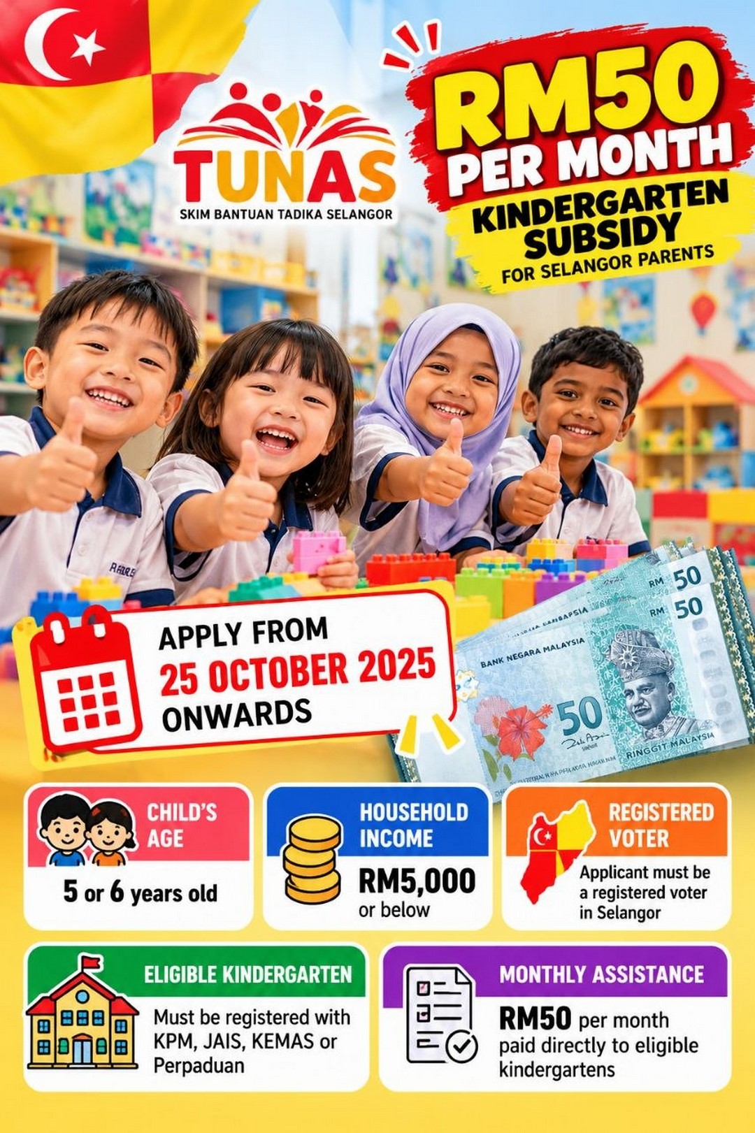 Selangor-TUNAS-RM50-Monthly-Kindergarten-Subsidy-Promotion-1 25 October 2025 onwards: Selangor TUNAS RM50 Monthly Kindergarten Subsidy Promotion – Eligibility, Application Guide and How to Save RM600 a Year
