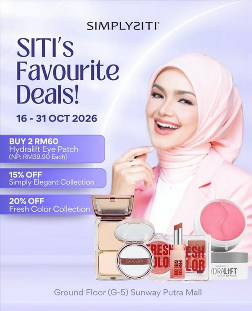 SimplySiti-Beauty-Promotion-–-Buy-2-Hydralift-Eye-Patches-for-RM60 16–31 October 2026: SimplySiti Beauty Promotion – Buy 2 Hydralift Eye Patches for RM60, Enjoy 15% Off Simply Elegant and 20% Off Fresh Color Collections at Sunway Putra Mall