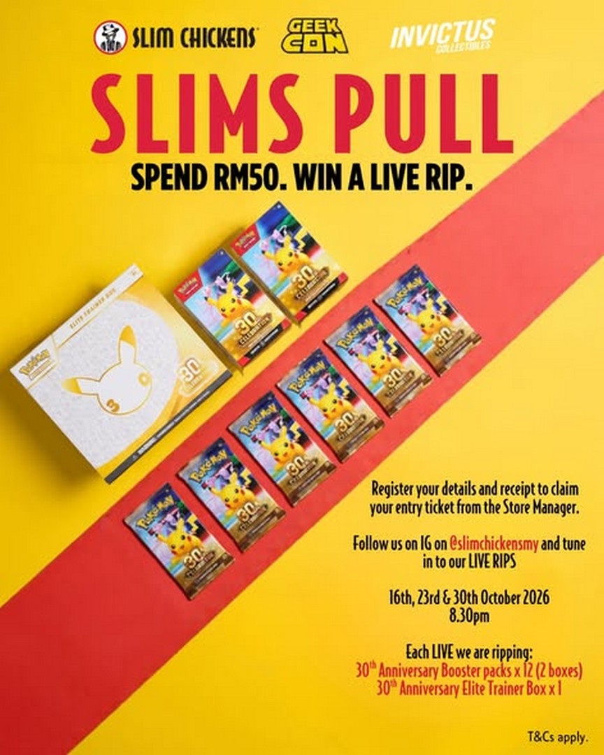 Slim-Chickens-Malaysia-Pokemon-TCG-30th-Celebration-Giveaway-Promotion-1 16–30 October 2026: Slim Chickens Malaysia: Pokémon TCG 30th Celebration Giveaway Promotion with Live Pack Pulls and Booster Box Prizes at SS15 and NU Sentral at 8:30pm