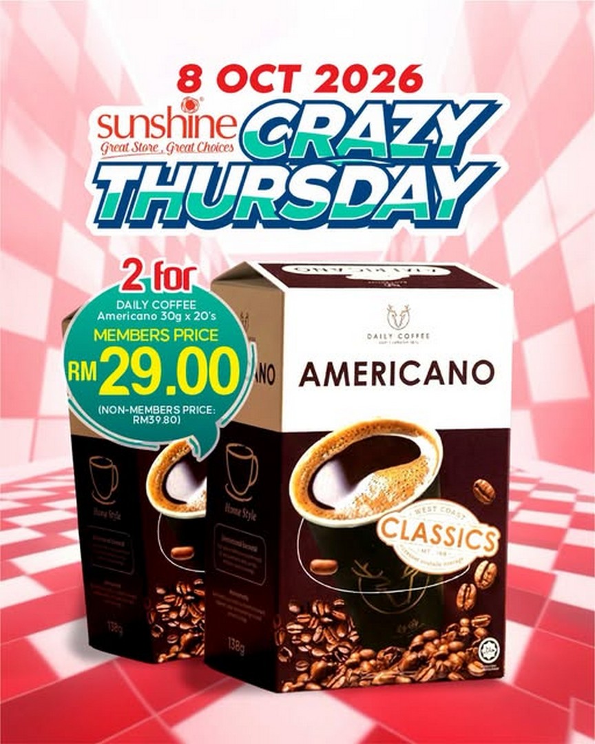 Sunshine-Retail-Penang-Crazy-Thursday-1-Day-Member-Promotion 8 October 2026: Sunshine Retail Penang: Crazy Thursday 1-Day Member Promotion with Daily Coffee Americano 2 for RM29 at All Sunshine Outlets