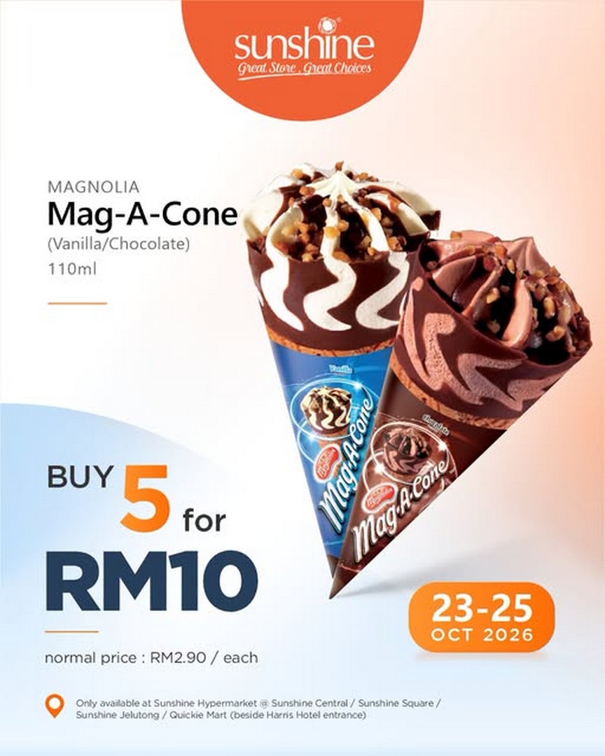 Sunshine-Retail-Penang-Magnolia-Mag-A-Cone-Promotion 23–25 October 2026: Sunshine Retail Penang: Magnolia Mag-A-Cone Promotion – Buy 5 for RM10, Save on Vanilla and Chocolate Ice Cream