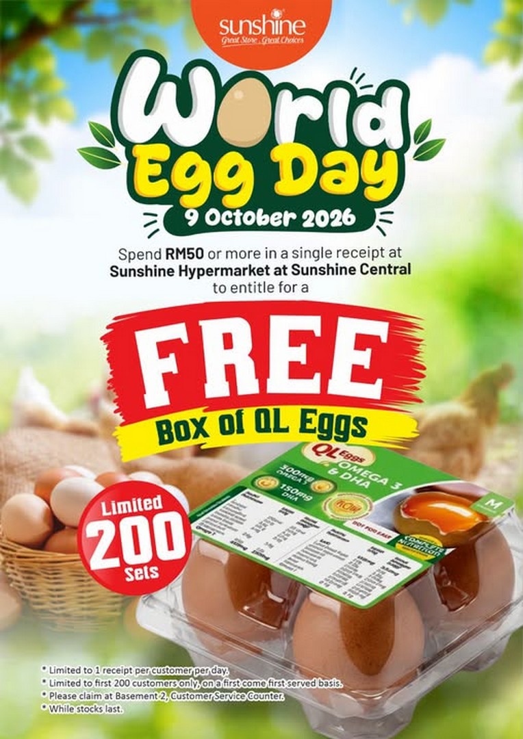 Sunshine-Retail-Penang-World-Egg-Day-Promotion 9 October 2026: Sunshine Retail Penang: World Egg Day Promotion – Spend RM50 & Get a FREE Box of QL Omega 3 Eggs at Sunshine Hypermarket @ Sunshine Central