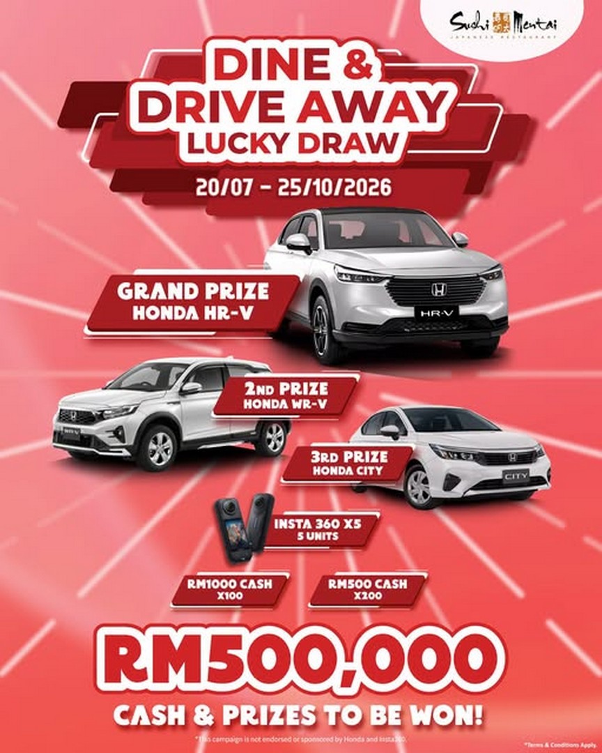 Sushi-Mentai-Dine-Drive-Away-Lucky-Draw-Promotion 20 July–25 October 2026: Sushi Mentai: Dine & Drive Away Lucky Draw Promotion – Spend RM50 for a Chance to Win a Brand-New Car