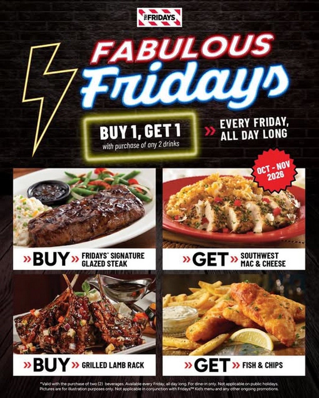 TGI-Fridays-Malaysia-Friday-Formula-Promotion 9 October 2026 onwards: TGI Fridays Malaysia: Friday Formula Promotion – Order 2 Drinks and Get a Second Main Course Free All Day Every Friday