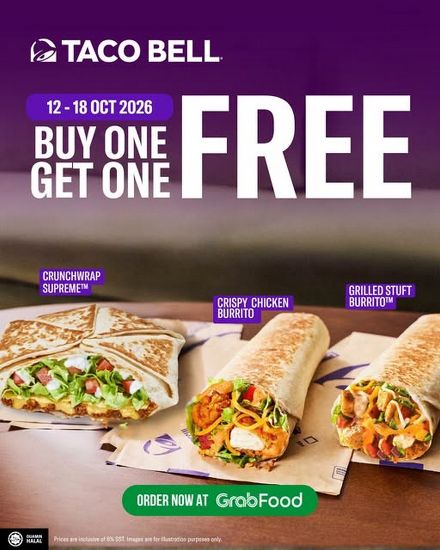 Taco-Bell-Malaysia-Buy-1-Free-1-Promotion-on-GrabFood 12-18 October 2026: Taco Bell Malaysia: Buy 1 Free 1 Promotion on GrabFood – Double the Crunch for the Price of One