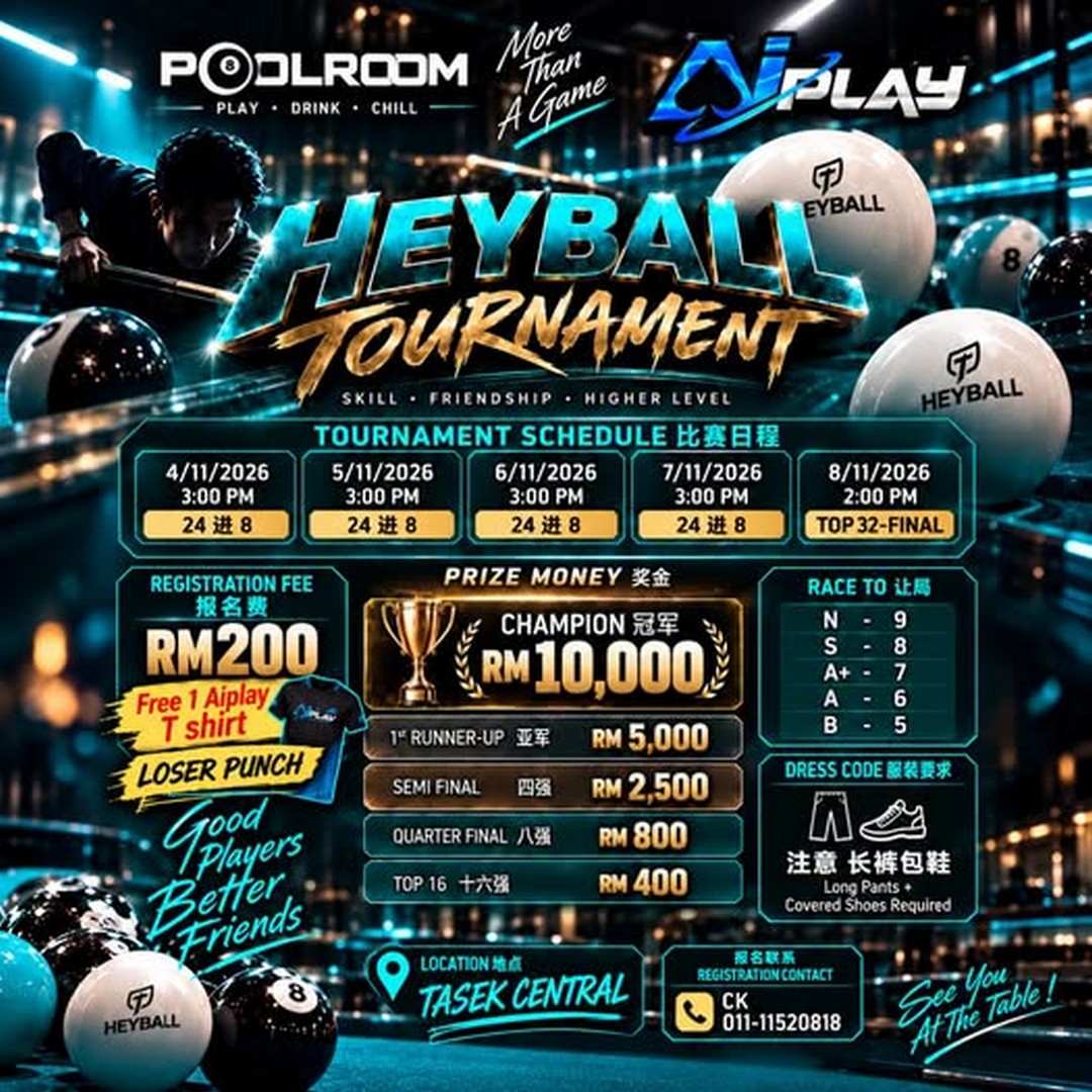 Tasek-Central-Heyball-Tournament-Promotion-–-Win-Up-to-RM10000 4–8 November 2026: Tasek Central Heyball Tournament Promotion – Win Up to RM10,000 in Prizes at Pool Room, Level 4, Skudai