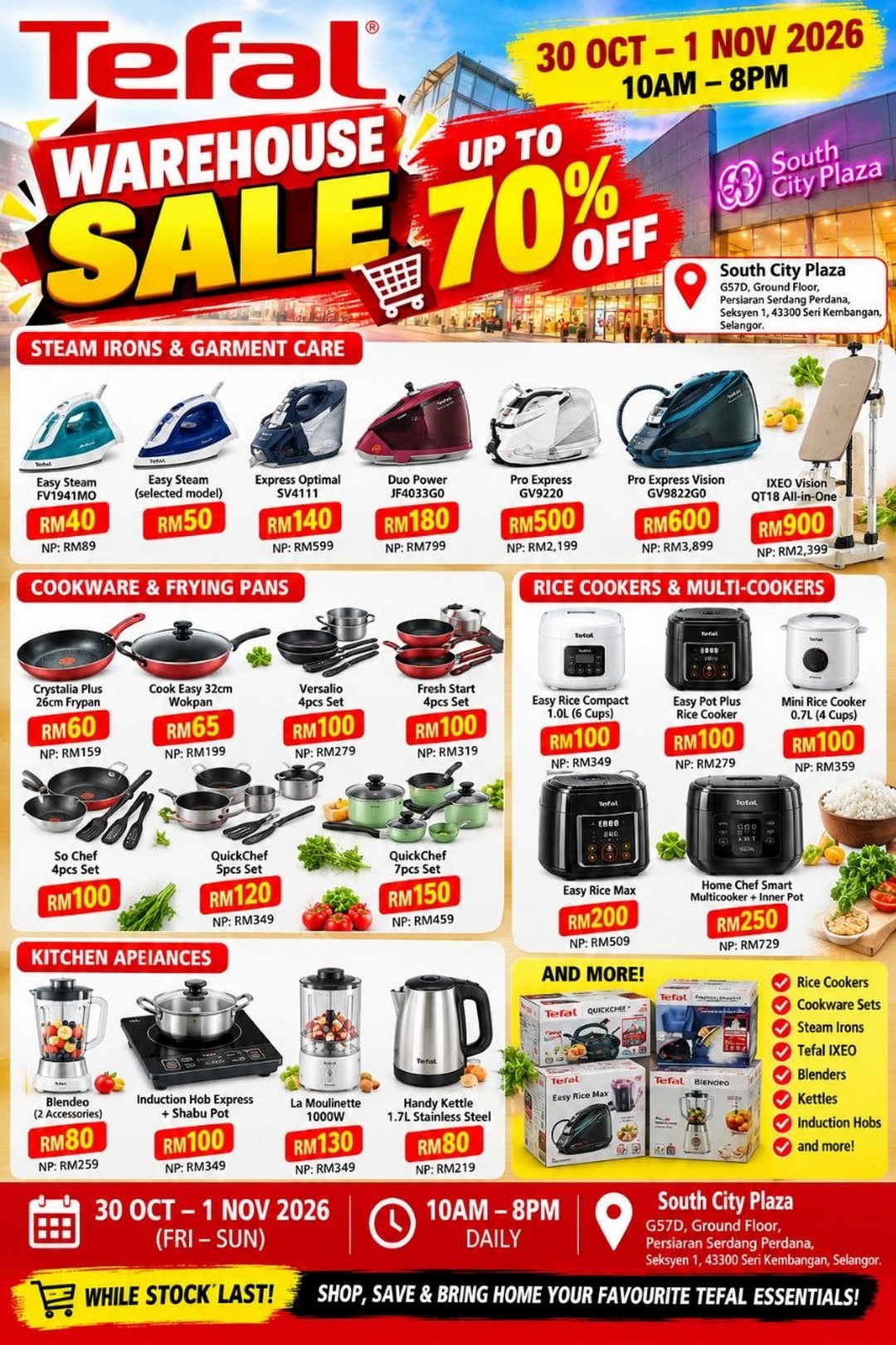 Tefal-Warehouse-Sale-at-South-City-Plaza-Seri-Kembangan-1 30 October–1 November 2026: Tefal Warehouse Sale at South City Plaza, Seri Kembangan – Up to 70% OFF Kitchen Appliances, Rice Cookers, Cookware & Steam Irons from RM40!