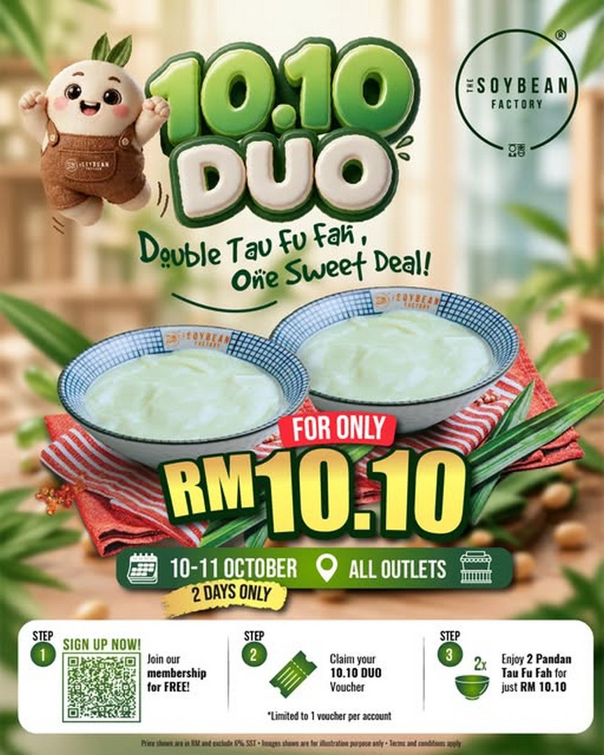 The-Soybean-Factory-10.10-Promotion-–-Get-2-Pandan-Tau-Fu-Fah 10-11 October 2026: The Soybean Factory: 10.10 Promotion – Get 2 Pandan Tau Fu Fah for Only RM10.10 at All Outlets, Dine-In and Takeaway