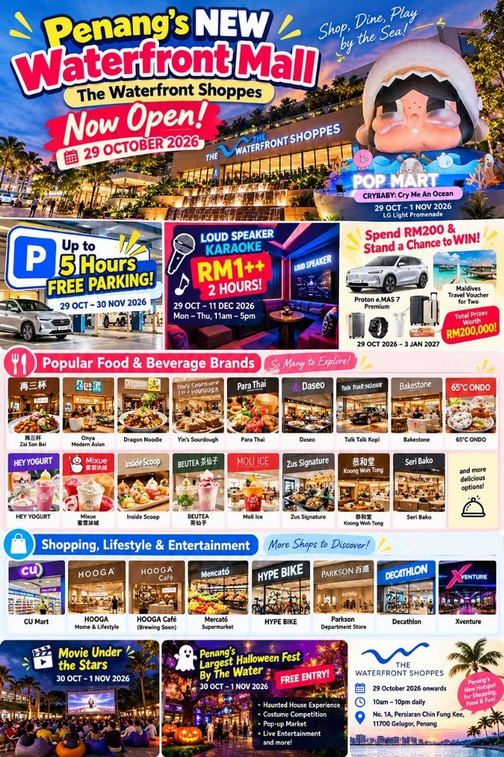 The-Waterfront-Shoppes-Penang-Opening-Promotion-5 29 October 2026 onwards: The Waterfront Shoppes Penang Opening Promotion – FREE Parking, POP MART CRYBABY, RM1++ Karaoke Deals & Lucky Draw Prizes