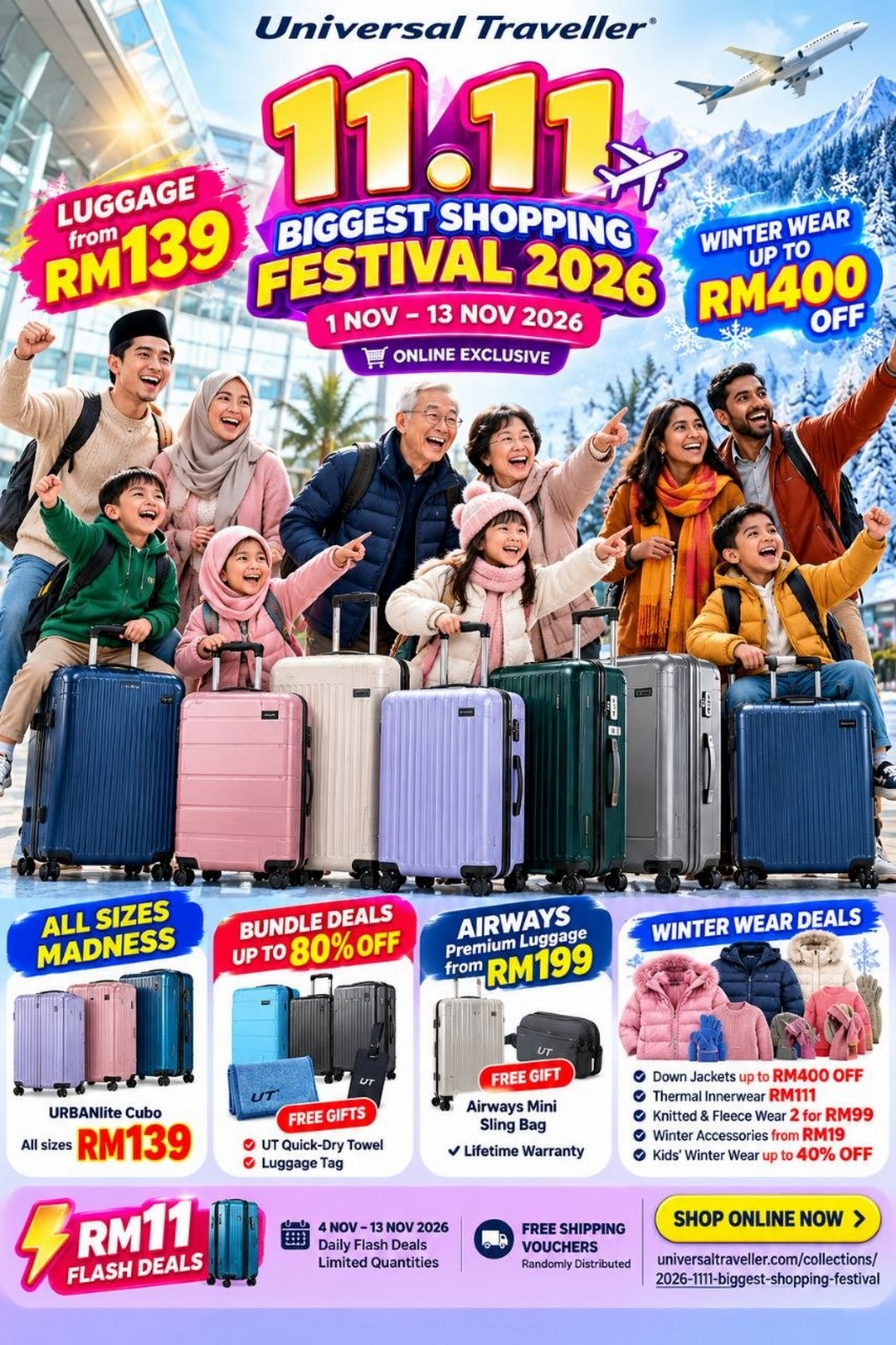 Universal-Traveller-11.11-Biggest-Shopping-Festival-Sale-1 1–13 November 2026: Universal Traveller 11.11 Biggest Shopping Festival Sale – Luggage from RM139, Winter Wear Deals, RM11 Flash Deals & Up to 80% OFF Online