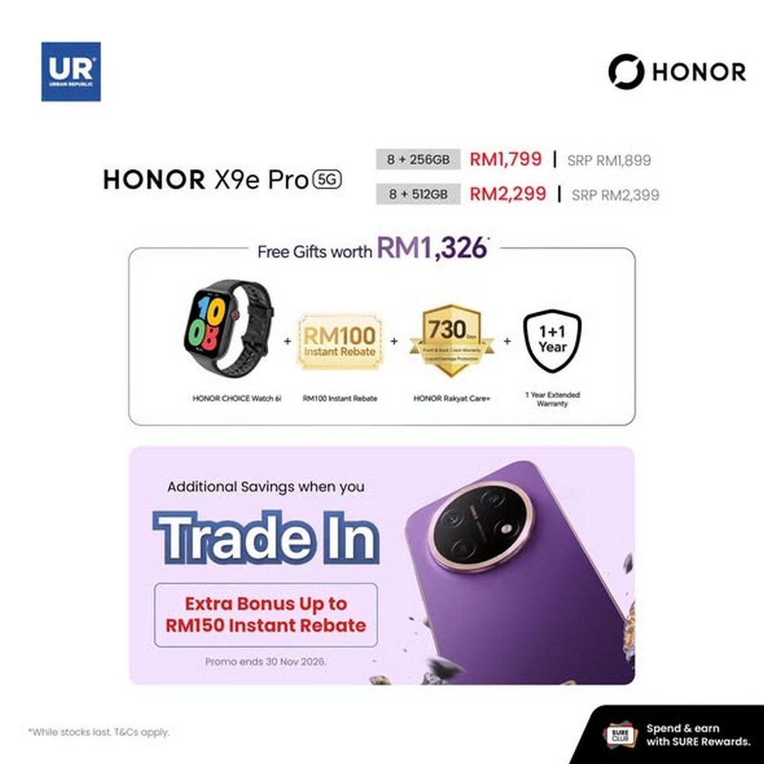 Urban-Republic-HONOR-X9e-Pro-5G-Promotion-with-Free-Gifts-Worth-1 9 October 2026 onwards: Urban Republic: HONOR X9e Pro 5G Promotion with Free Gifts Worth RM1,326, Instant Rebate and Extended Warranty