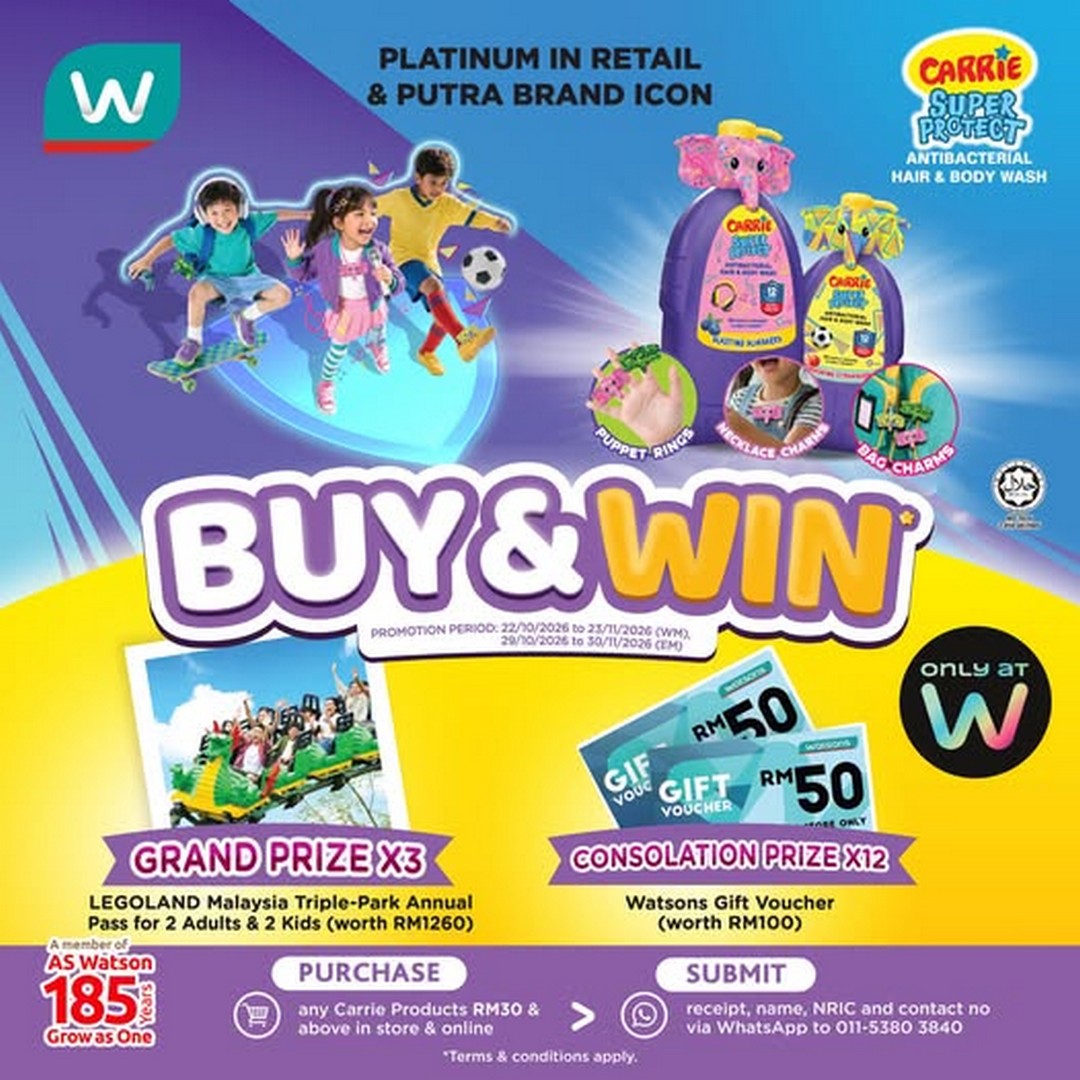 Watsons-Malaysia-Carrie-Super-Protect-Purchase-Win-Promotion 22 October-30 November 2026: Watsons Malaysia Carrie Super Protect Purchase & Win Promotion – Win LEGOLAND Malaysia Triple-Park Annual Passes Worth RM1,260 and RM100 Watsons Vouchers