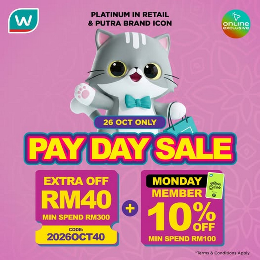 Watsons-Malaysia-Online-Exclusive-Pay-Day-Sale 26 October 2026: Watsons Malaysia Online Exclusive Pay Day Sale – Extra RM40 Off, Free Delivery and Monday Member 10% Off