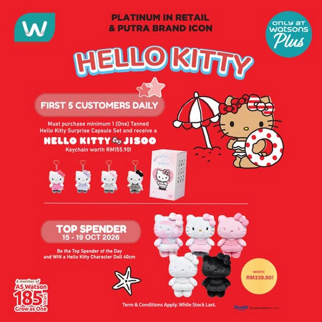 Watsons-Plus-Lot-10-Hello-Kitty-×-JISOO-Keychain-Giveaway 15-19 October 2026: Watsons Plus Lot 10: Hello Kitty × JISOO Keychain Giveaway and Hello Kitty Character Doll Promotion Worth Up to RM339.90