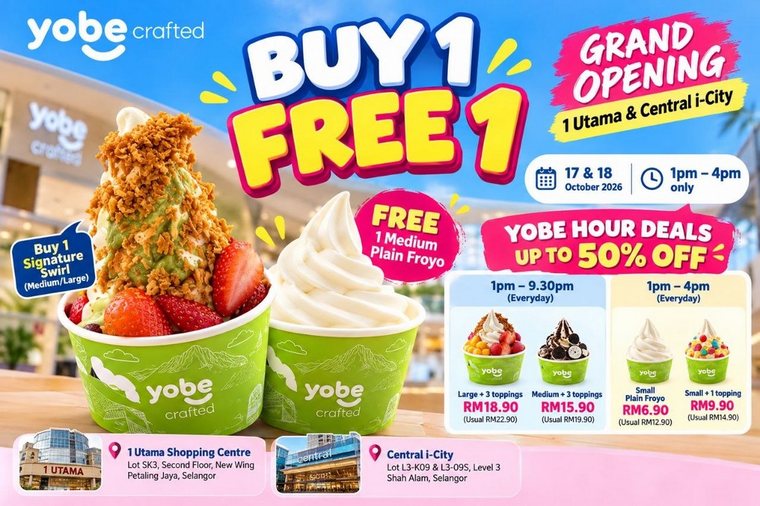 Yobe-Crafted-Buy-1-Free-1-Froyo-Promotion-at-1-Utama-Central 17-18 October 2026: Yobe Crafted: Buy 1 Free 1 Froyo Promotion at 1 Utama & Central i-City with Yobe Hour Deals Up to 50% Off
