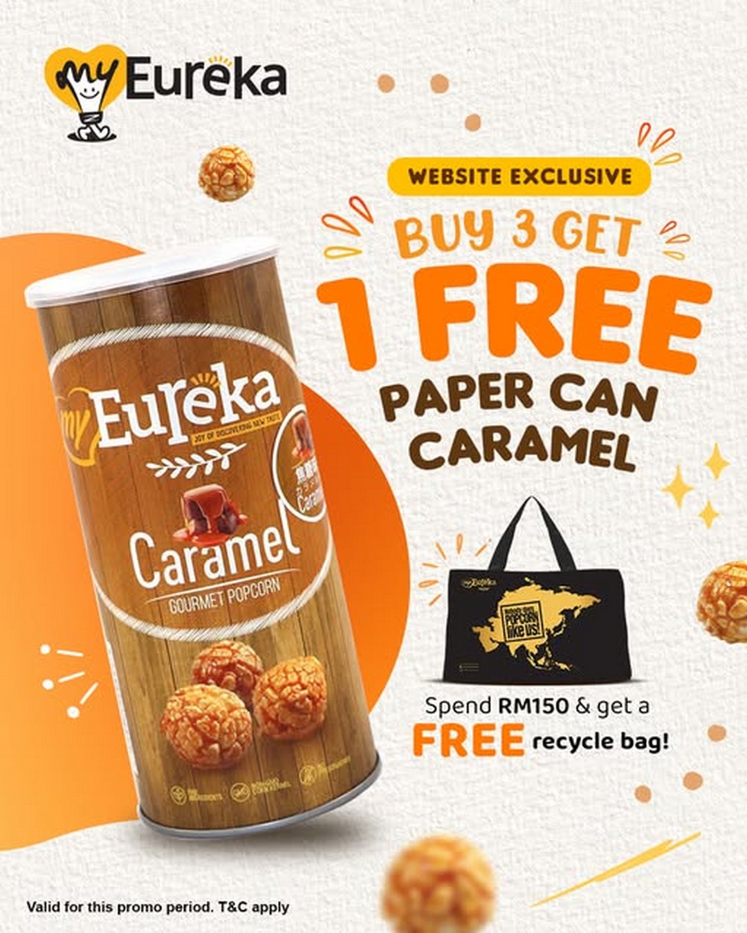 myEureka-Snack-Promotion-–-Buy-3-Get-1-Free-Paper-Can-Caramel 26 October 2026 onwards: myEureka Snack Promotion – Buy 3 Get 1 Free Paper Can Caramel, Free Recycle Bag and Up to RM20 Voucher