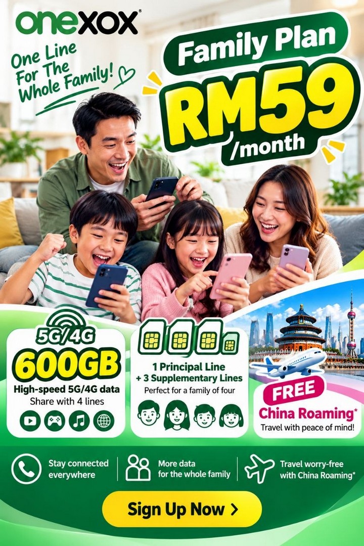 oneXOX-XOX-Family-59-Promotion-1 14 October 2026 onwards: oneXOX: XOX Family 59 Promotion – Share 600GB 5G/4G Data Across Four Lines for RM59 per Month