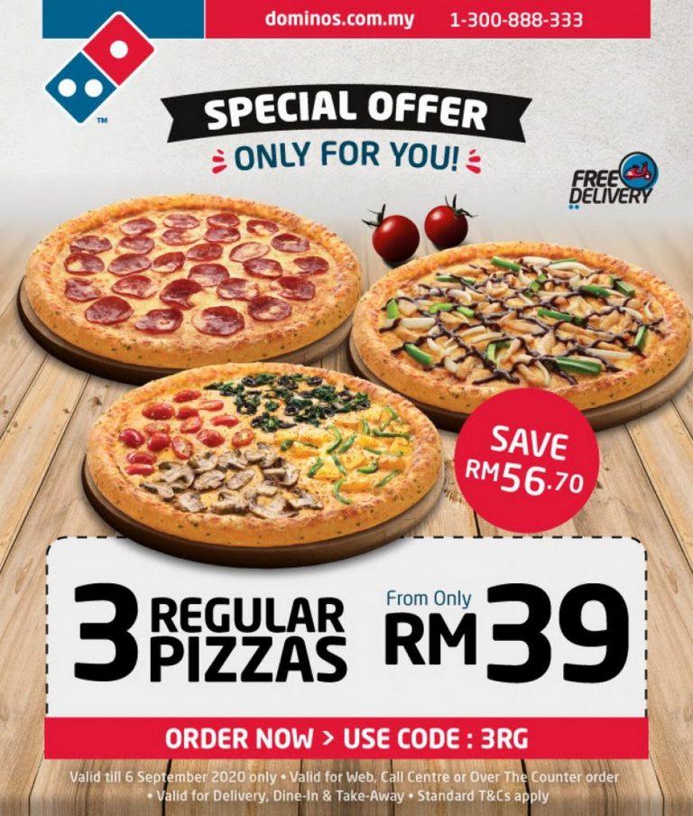 Domino's With Double Promo of 3 Regular Pizza For RM39 and Buy 1 Free 2