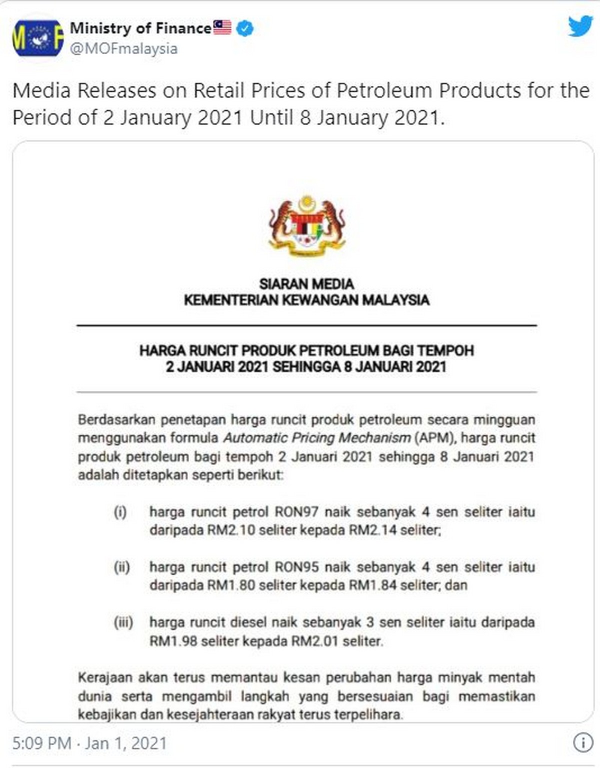 Petrol Prices Rise Again 4 Sen Diesel Rises 3 Sen From 2 To January 8 2021 Everydayonsales Com News