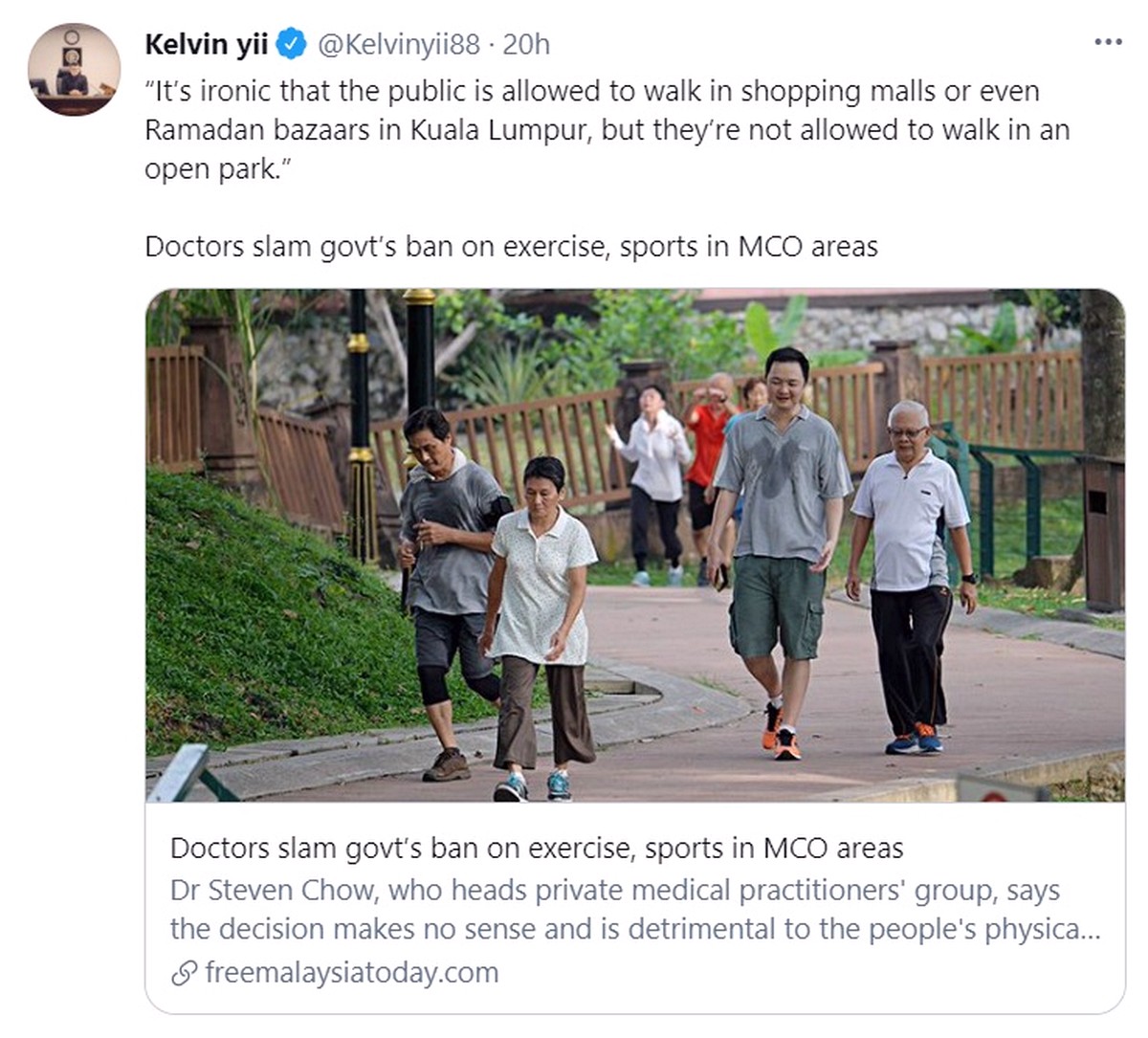 Kelvin-yii-on-Twitter-Its-ironic-that-the-public-is-allowed-to-walk-in-shopping-malls-or-even-Ramadan-bazaars-in-Kuala-Lumpur-but-theyre-not-allowed-to-walk-in-an-open-park-Doctors-slam-govts-ban-on-exercise- - News 
