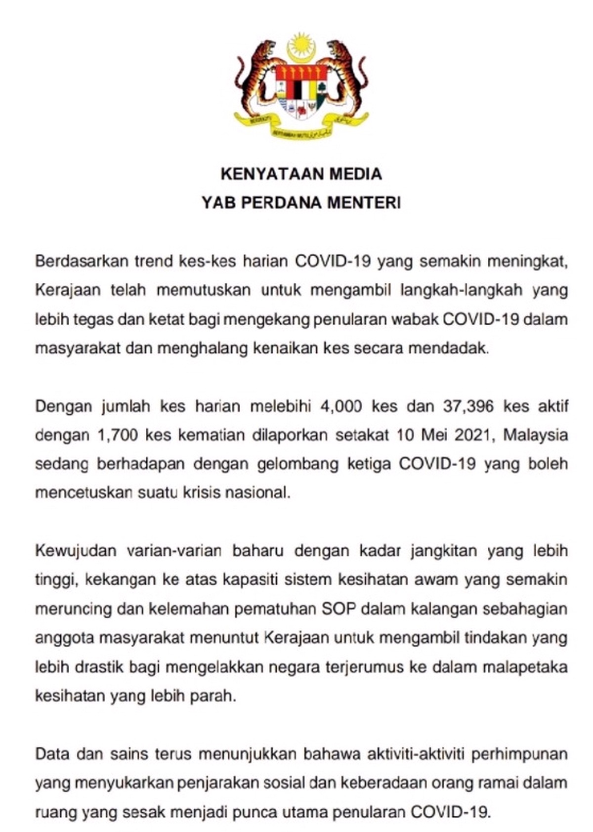 Prime-Minister-Tan-Sri-Muhyiddin-Yassin-has-just-announced-that-Malaysia-will-be-undergo-a-nationwide-Movement-Control-Order-MCO-starting-from-12-May-to-7-June-2021. - News 